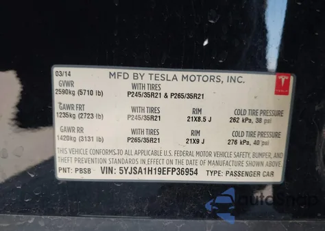 2014 Tesla Model S P85 z USA, uszkodzony, nr VIN 5YJSA1H19EFP36954